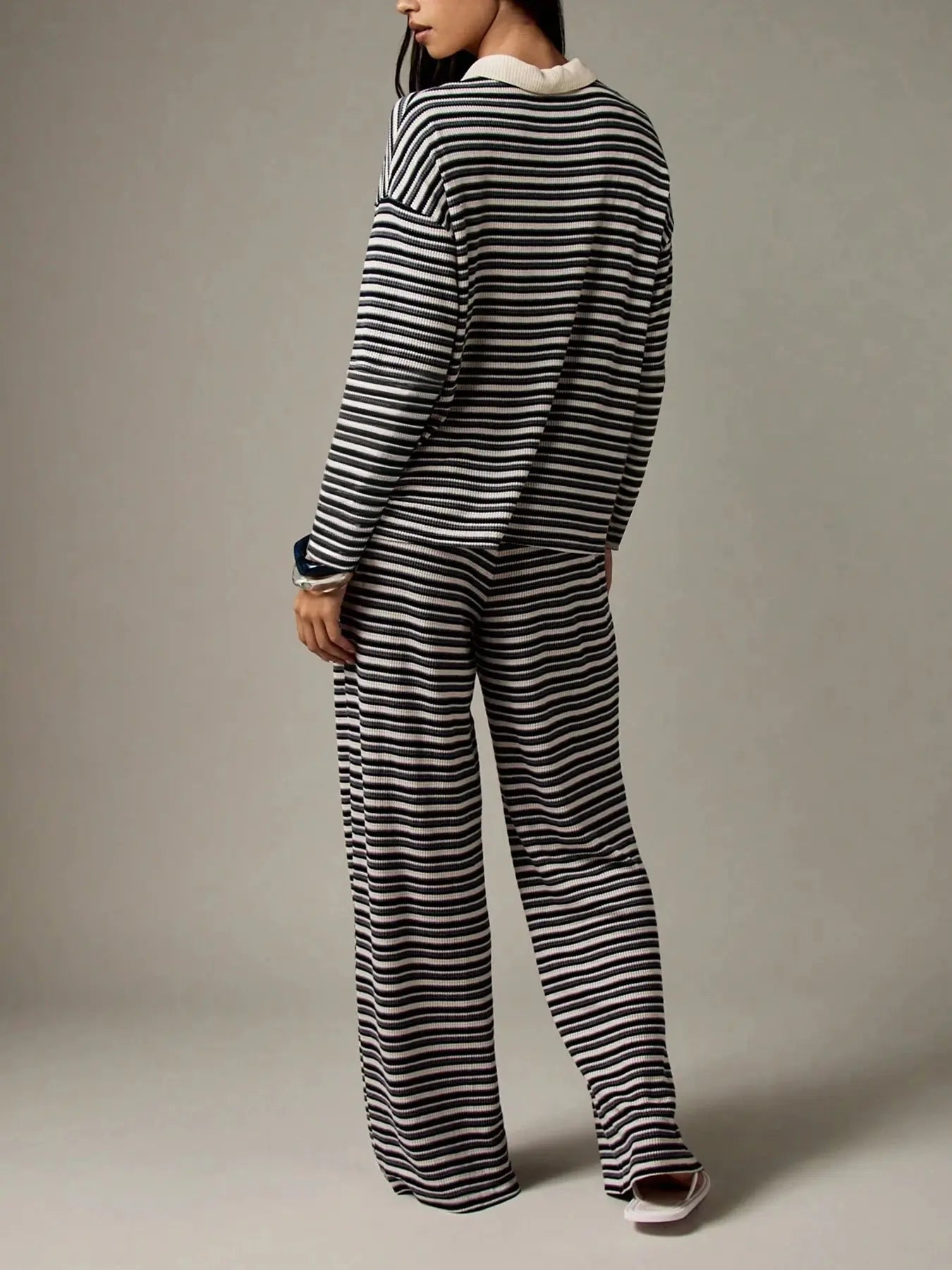 Women'S Off-Set Striped Long Sleeve Top & Wide Leg Pants Set, Womenswear Fall Winter Knit Loungewear, Comfortable Casual Streetwear, Pajama Set