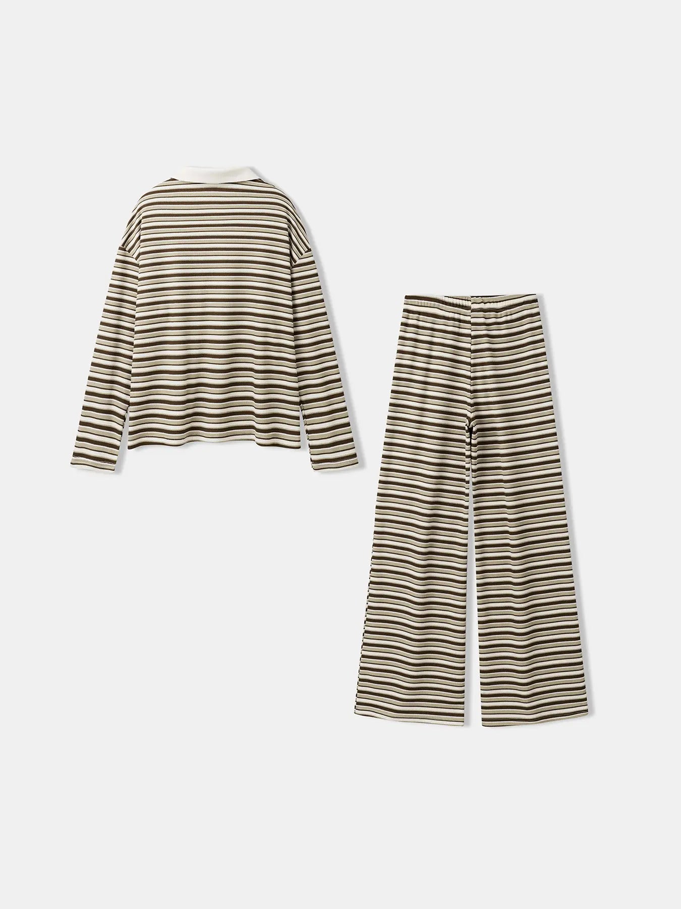 Women'S Off-Set Striped Long Sleeve Top & Wide Leg Pants Set, Womenswear Fall Winter Knit Loungewear, Comfortable Casual Streetwear, Pajama Set