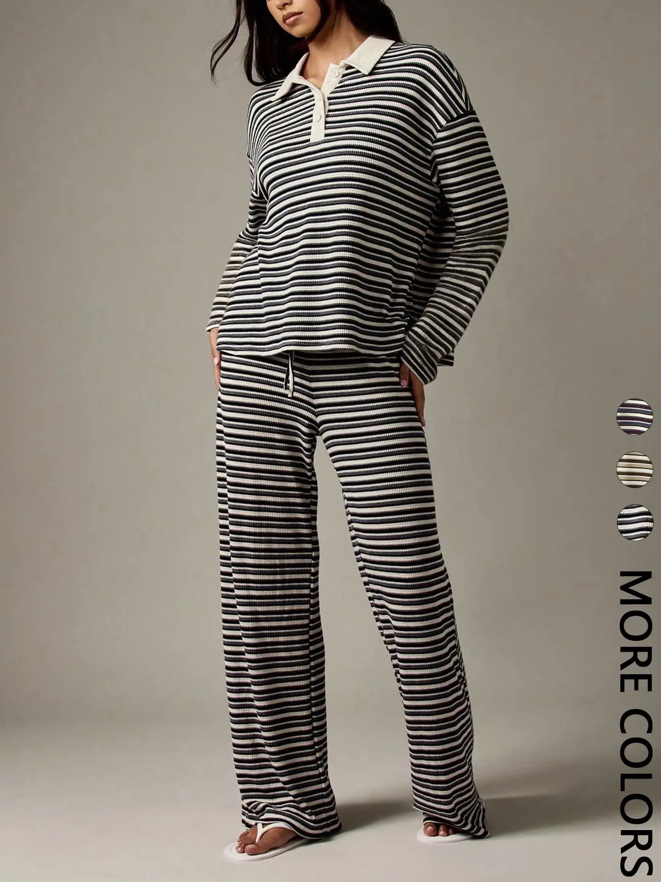 Women'S Off-Set Striped Long Sleeve Top & Wide Leg Pants Set, Womenswear Fall Winter Knit Loungewear, Comfortable Casual Streetwear, Pajama Set