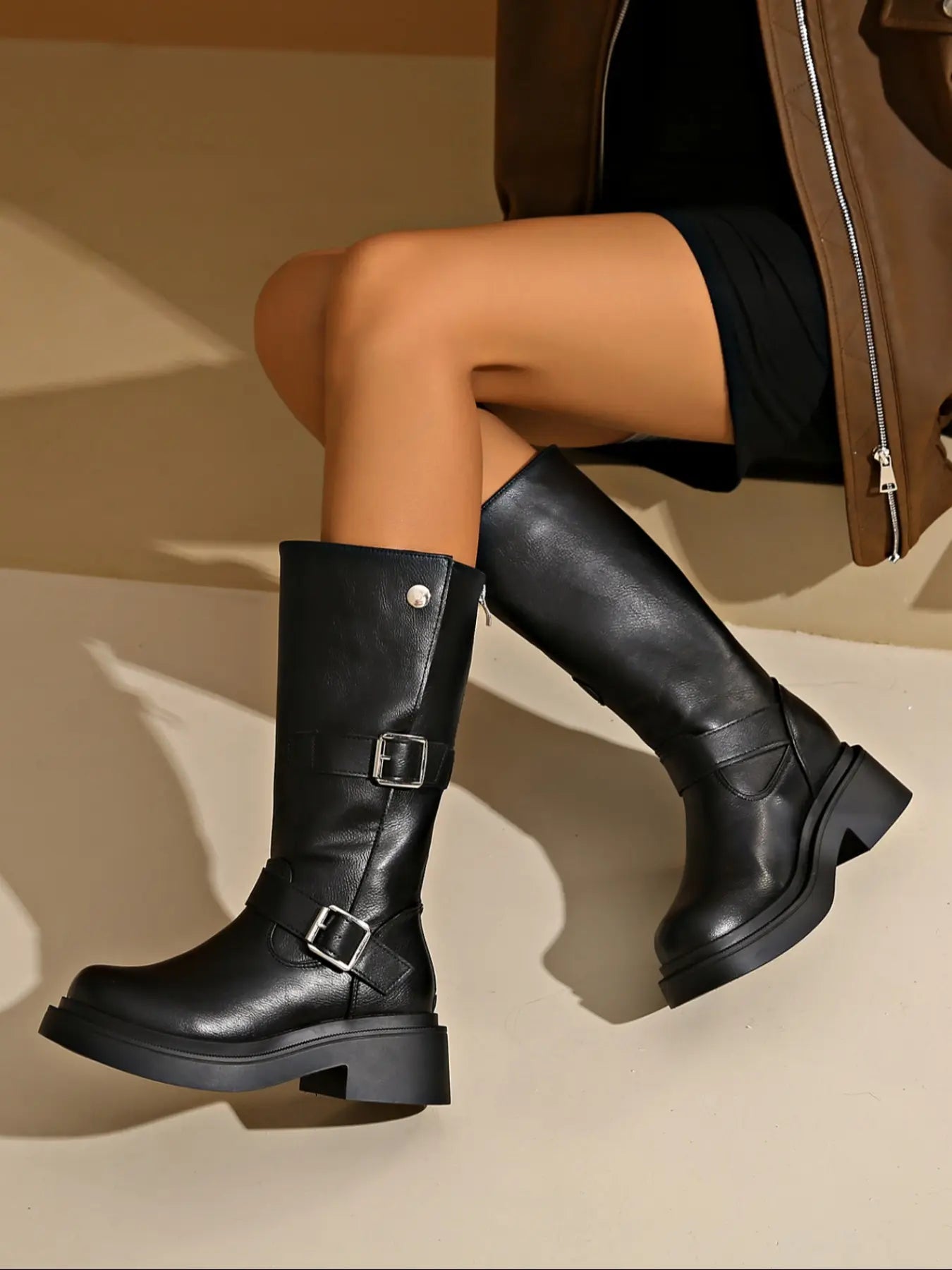 Women'S Thick Heel Knee-High Shoes, Soft Leather Business Style, All Seasons Wearable round Toe Slim Fit Boots, Thick Heeled Boots