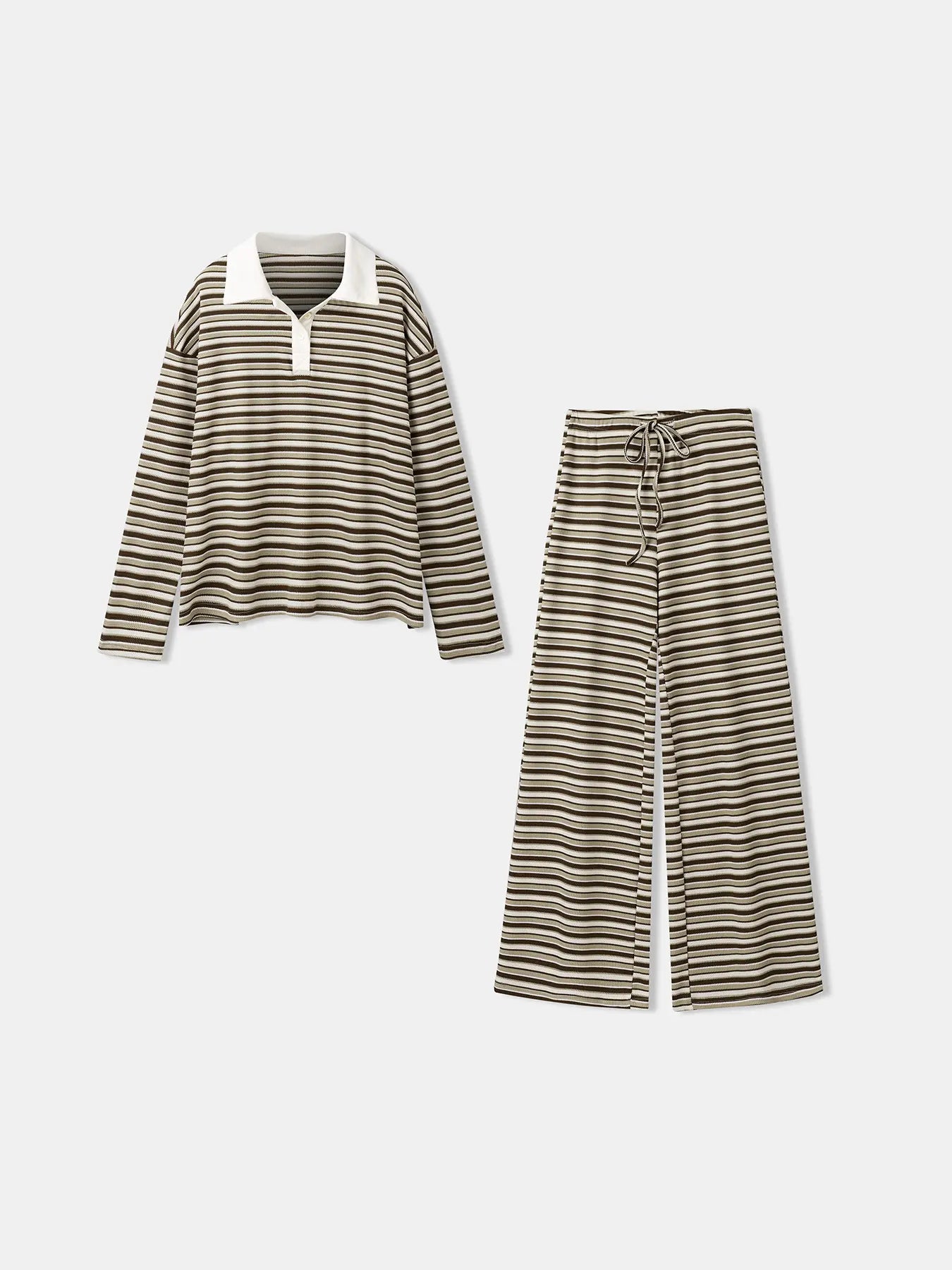 Women'S Off-Set Striped Long Sleeve Top & Wide Leg Pants Set, Womenswear Fall Winter Knit Loungewear, Comfortable Casual Streetwear, Pajama Set